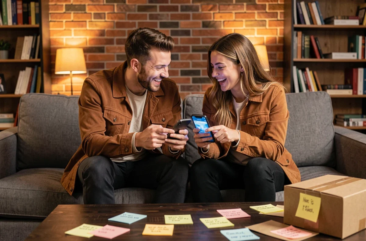Deux amis comparant des offres du Prime Day et du Black Friday sur leurs smartphones dans un salon cosy
