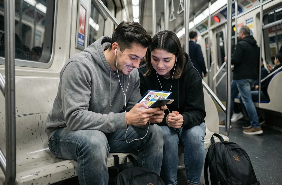 Deux amis lisant ensemble un webtoon VF sur smartphone dans le métro parisien