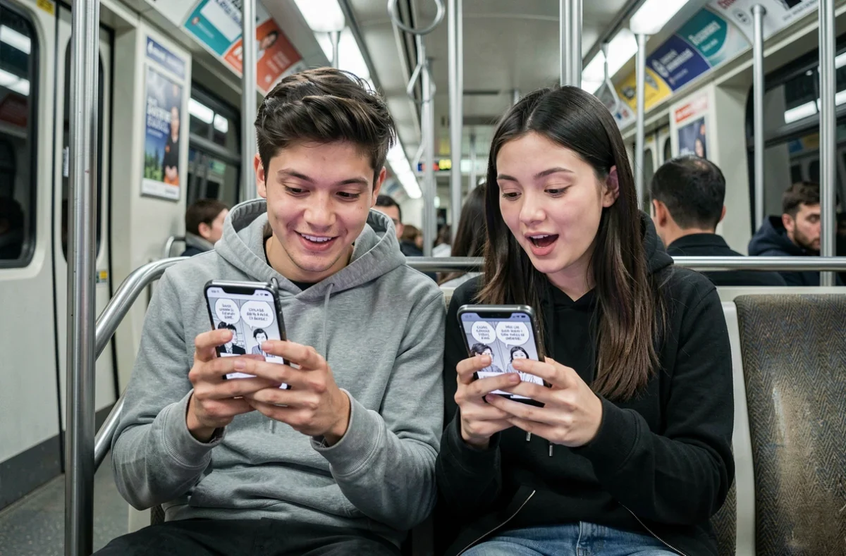 Deux amis lisant des mangas en français sur leurs smartphones dans le métro