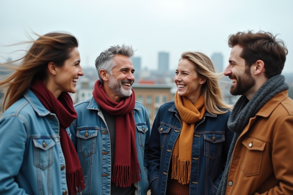 Quatre amis discutant sur un toit urbain en ville