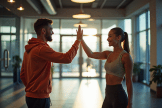 Deux amis en tenue de sport se saluant à l'entrée d'une salle moderne