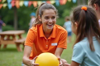 Jeune animatrice en polo orange interagissant avec des enfants lors d'une activité de plein air en colonie de vacances