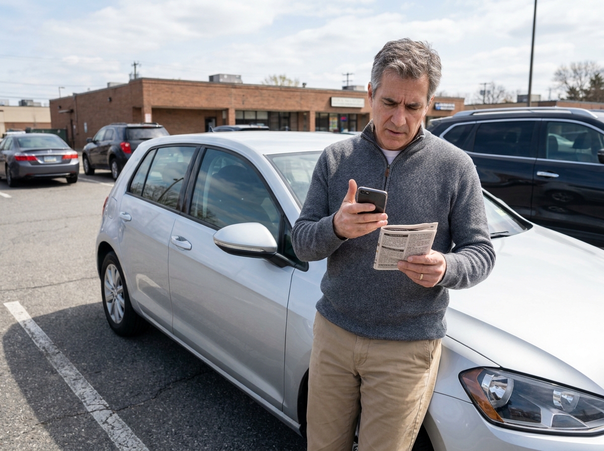Vendeur consultant son annonce automobile sur smartphone dans un parking après la cession de son véhicule