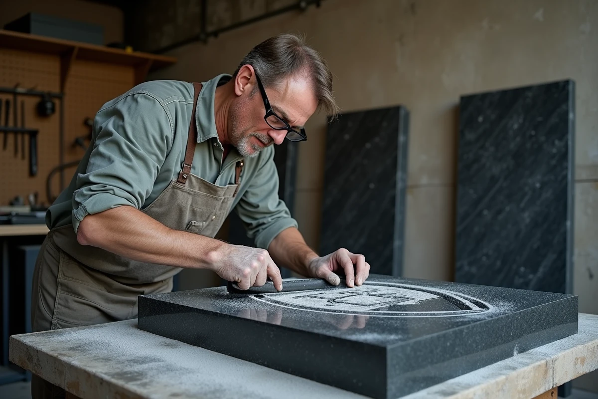 Artisan graveur personnalisant une plaque funéraire en granit noir dans un atelier de marbrerie