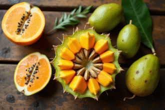 Assortiment de fruits exotiques frais sur une table en bois