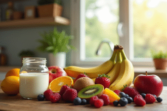 Assortiment de fruits colorés avec yaourt sur table ensoleillée