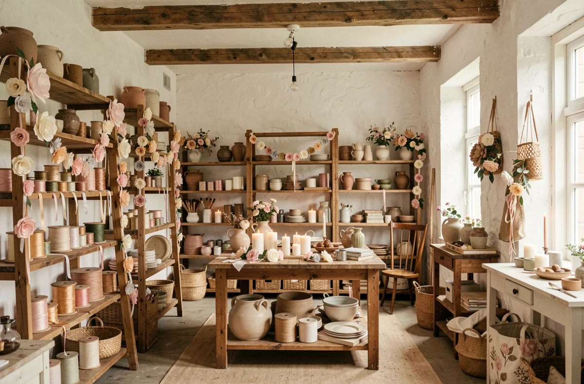 Atelier des Célébrations avec décorations artisanales, guirlandes de fleurs en papier et accessoires de fête sur des étagères en bois