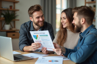 Auditeur energie souriant montrant un certificat EPC à un couple