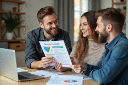 Auditeur energie souriant montrant un certificat EPC à un couple