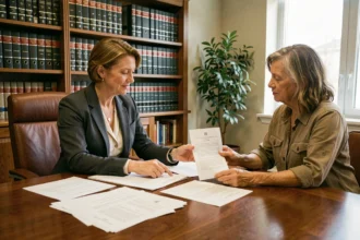 Avocate expliquant une mesure d'éloignement judiciaire à sa cliente dans un cabinet juridique