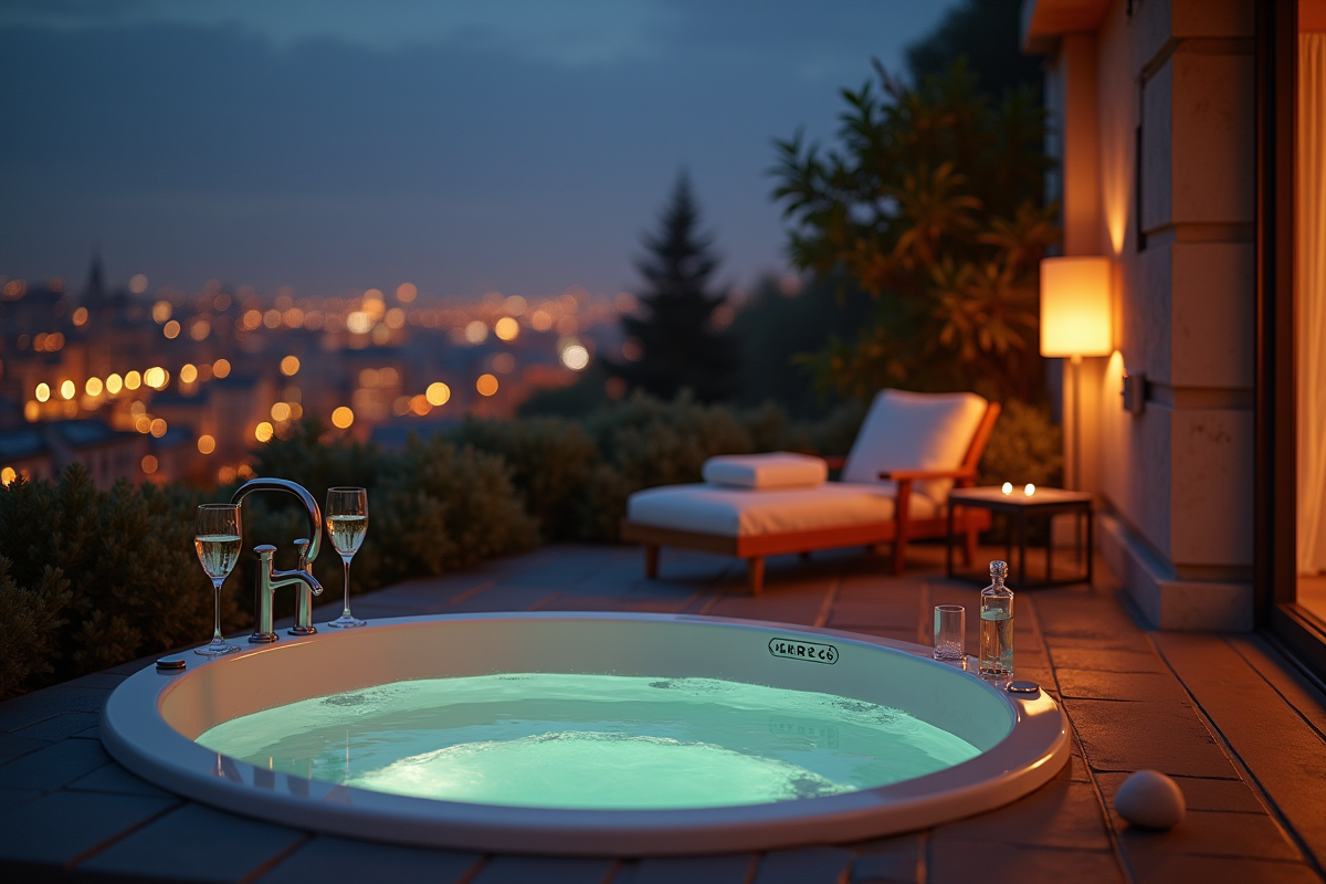 Balcon romantique avec vue sur la ville et bain chaud la nuit