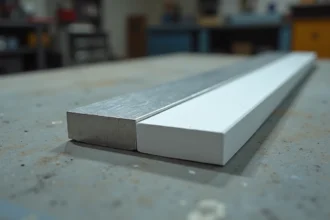 Comparaison côte à côte d'un barreau aluminium brut et d'un barreau aluminium laqué blanc mat posés sur béton brut en atelier