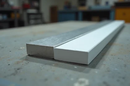 Comparaison côte à côte d'un barreau aluminium brut et d'un barreau aluminium laqué blanc mat posés sur béton brut en atelier