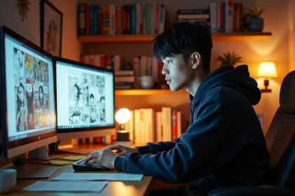 Bénévole de scantrad traduisant des mangas japonais sur un double écran dans un bureau à domicile