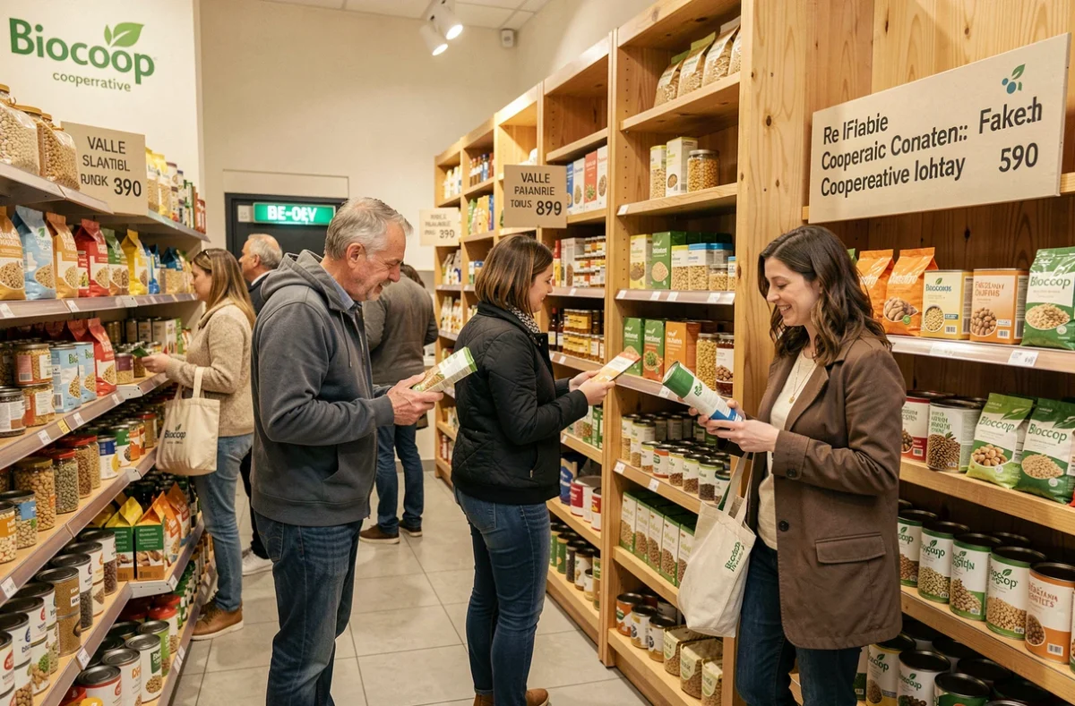 Clients comparant des produits bio accessibles dans le magasin Biocoop coopératif de Bobigny