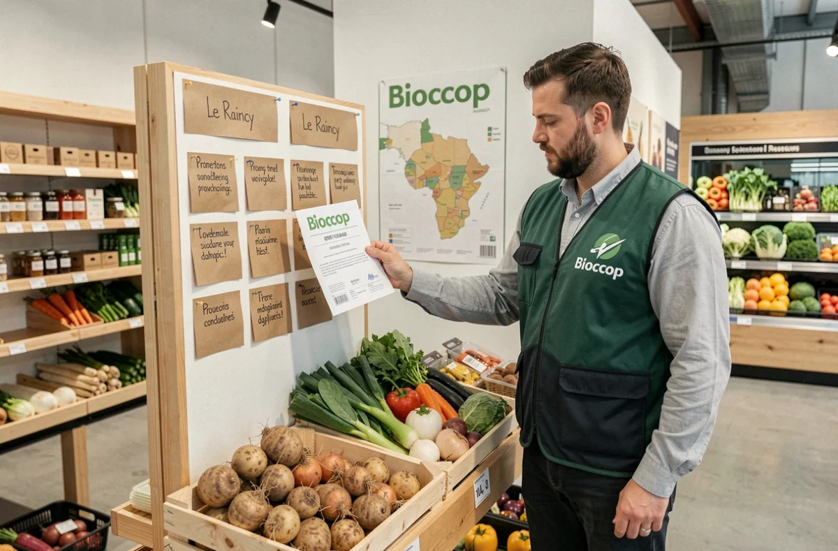 Employé de Biocoop Le Raincy consultant un certificat d'origine fournisseur à côté d'un étal de légumes locaux