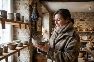 Femme découvrant des céramiques artisanales dans une boutique de proximité en Auvergne avant les fêtes de fin d'année