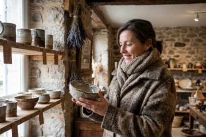 Femme découvrant des céramiques artisanales dans une boutique de proximité en Auvergne avant les fêtes de fin d'année