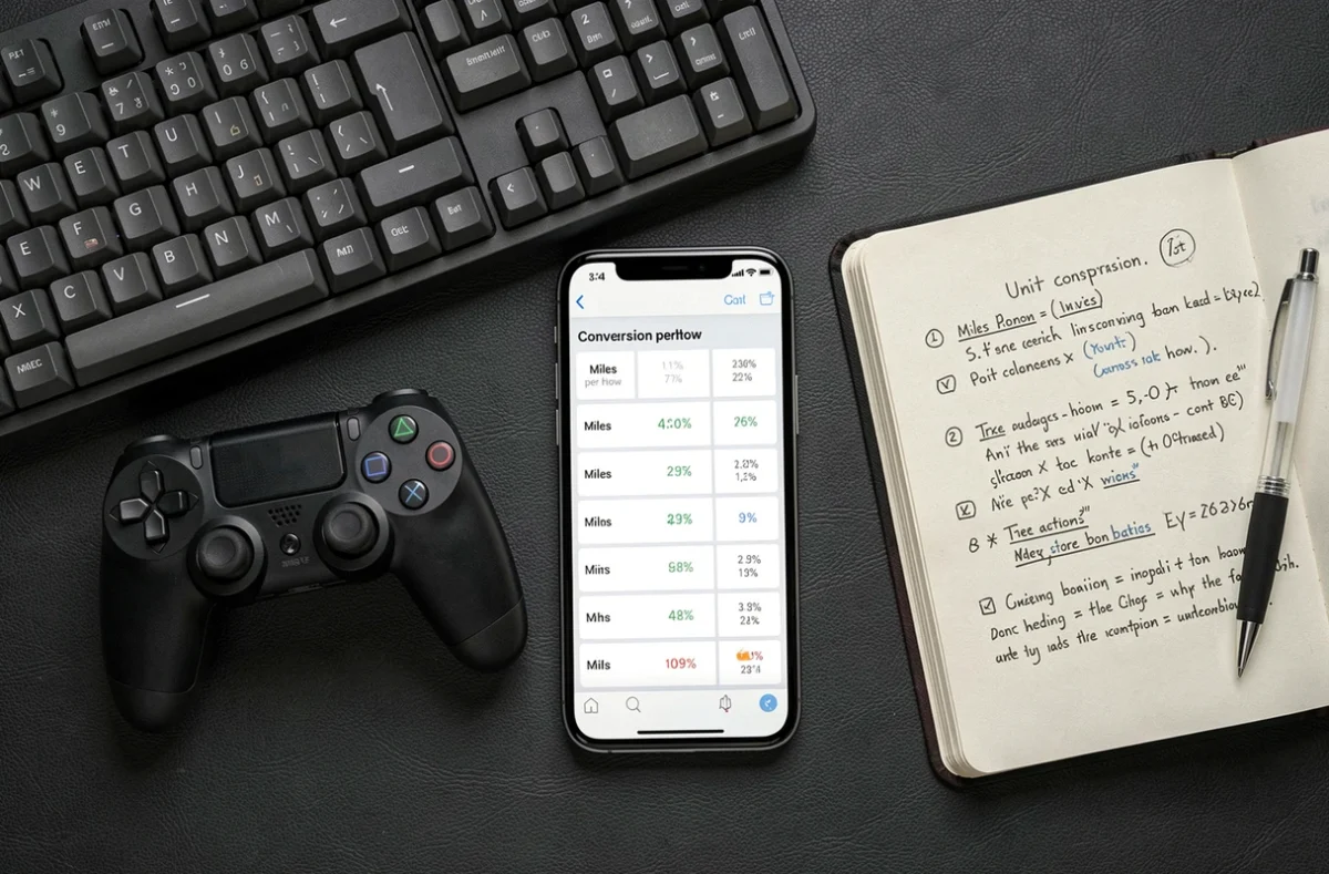 Vue de dessus d'un bureau de gamer avec contrôleur, clavier mécanique et smartphone affichant une conversion mph vers km/h pour jeux vidéo