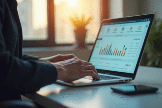 Professionnel utilisant un tableau de bord bancaire sécurisé sur un ordinateur