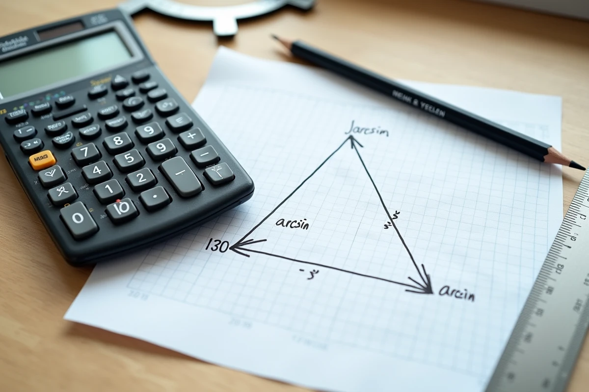 Vue de dessus d'une calculatrice affichant un résultat arcsin entourée d'outils mathématiques et d'un triangle rectangle dessiné à la main