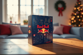 Calendrier avent Red Bull sur une table moderne dans un salon lumineux