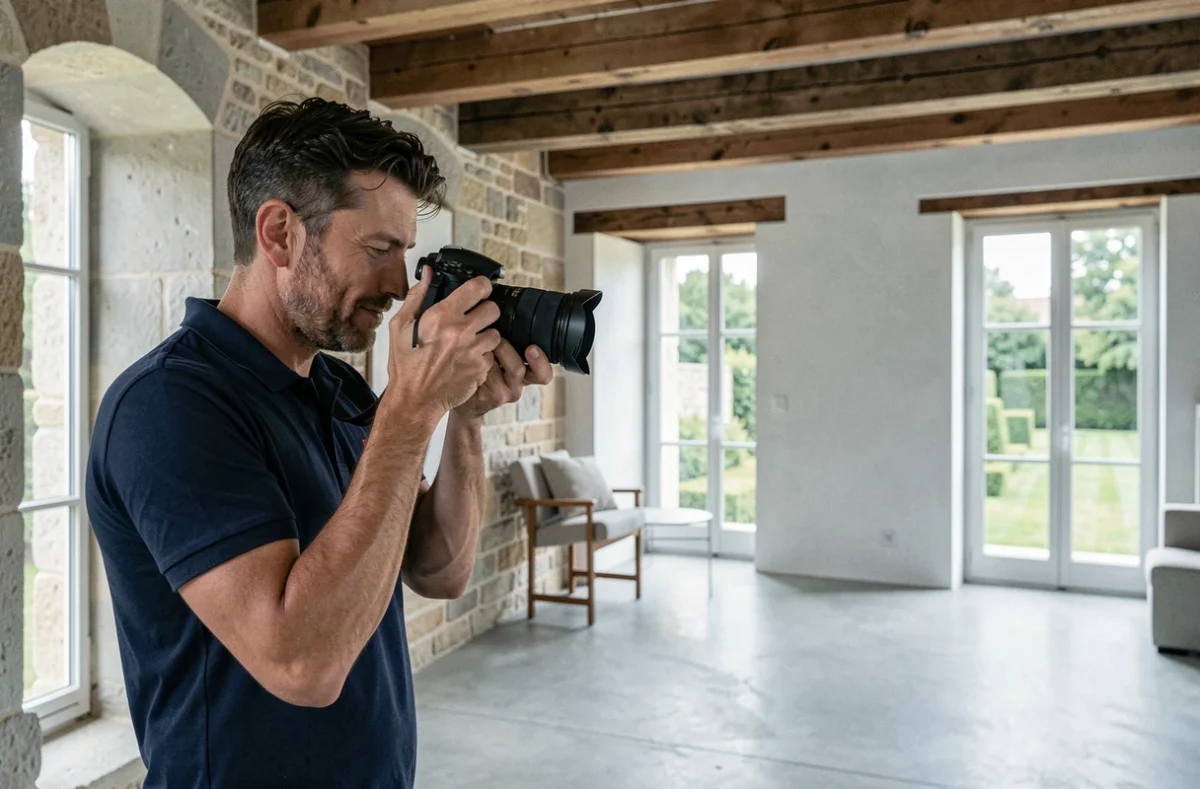 Photographe d'espaces intérieurs de Capture Studio 77 en action dans une propriété architecturale de Fontainebleau
