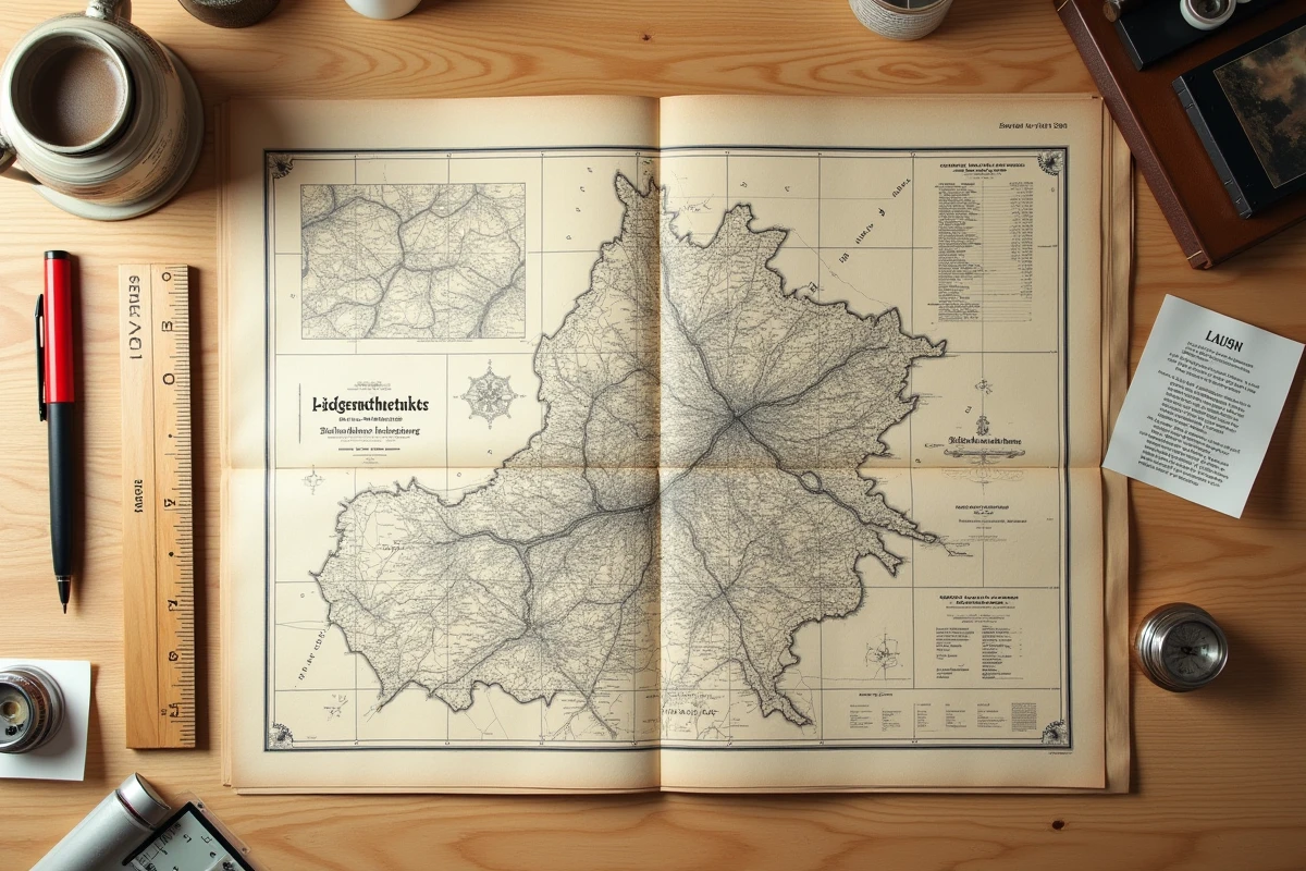 Vue aérienne d'une carte cadastrale allemande avec règle, boussole et annotations manuscrites