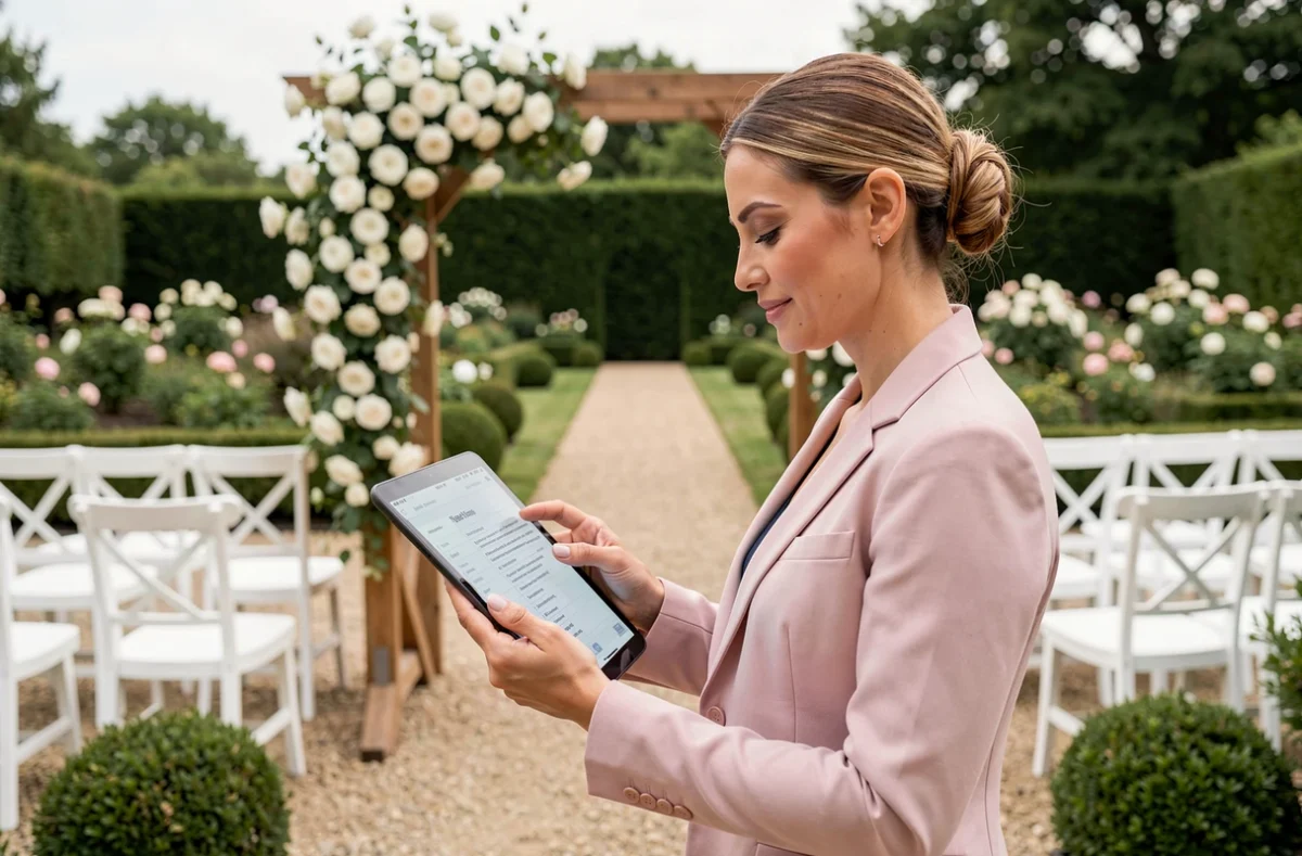 Wedding planner Charlotte Beuvelet supervisant la décoration d'une cérémonie de mariage en jardin français