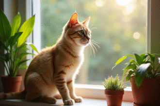 Chat beige sur une fenêtre ensoleillée avec plantes vertes
