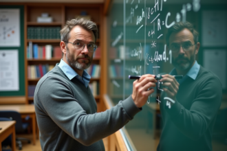 Chercheur en classe universitaire écrivant des équations quantiques