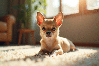 Chihuahua allongé confortablement sur un tapis ensoleillé
