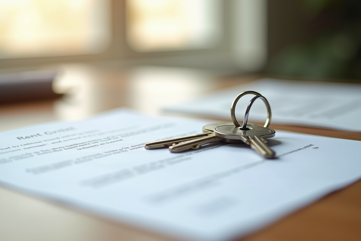 Clés posées sur un contrat de location sur une table en bois