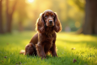 Cocker spaniel assis dans un parc ensoleille avec verdure