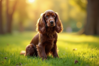 Cocker spaniel assis dans un parc ensoleille avec verdure