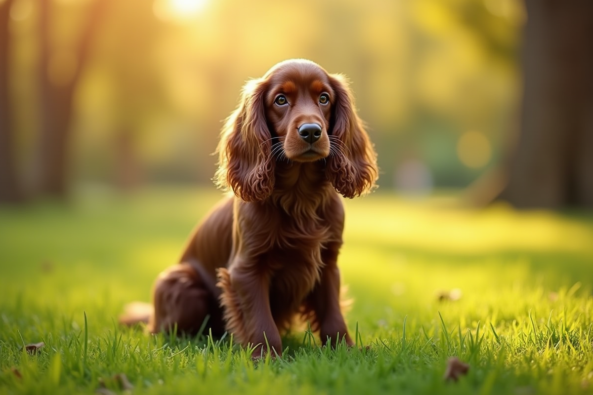 Cocker spaniel assis dans un parc ensoleille avec verdure