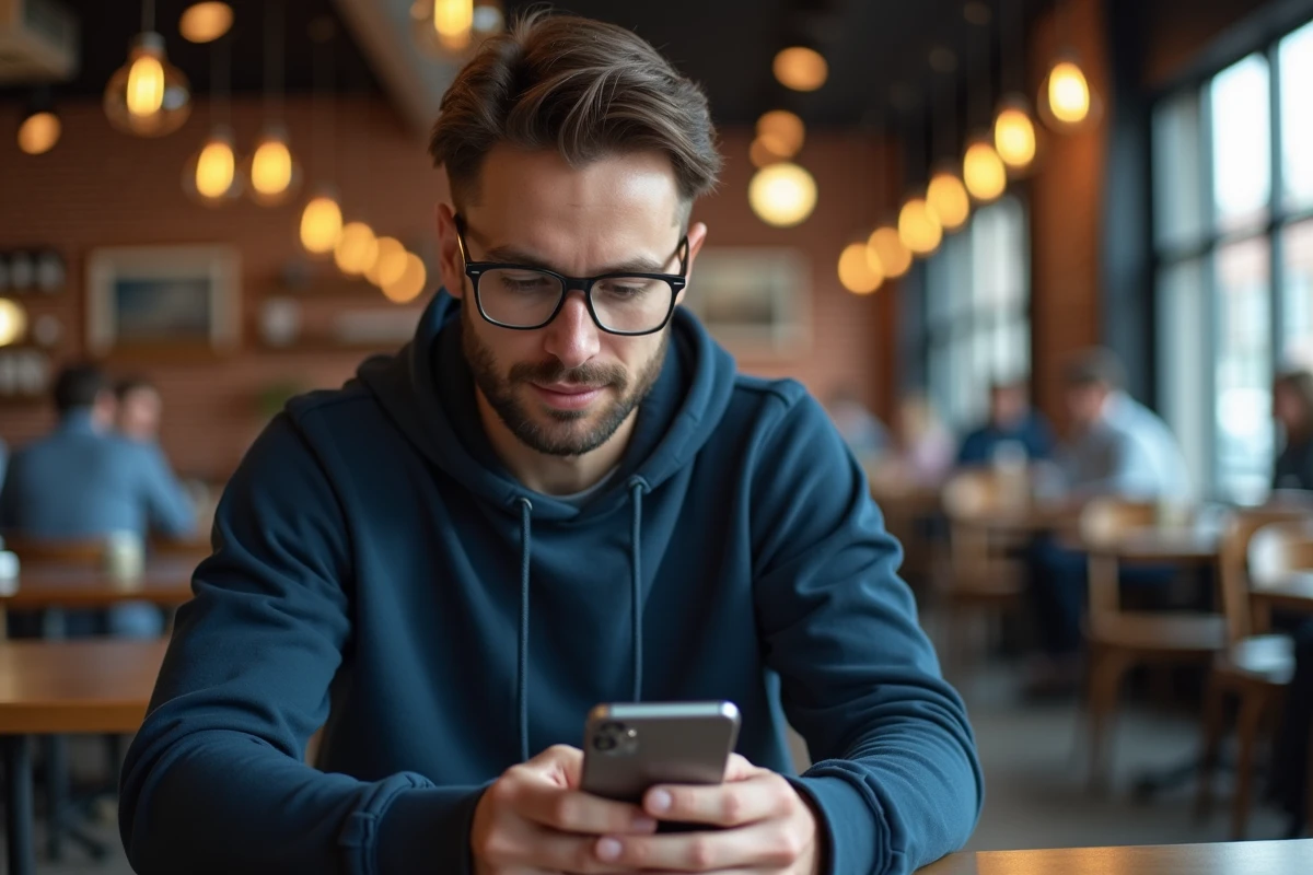 Homme consultant un code promo Chapters sur son smartphone dans un café urbain