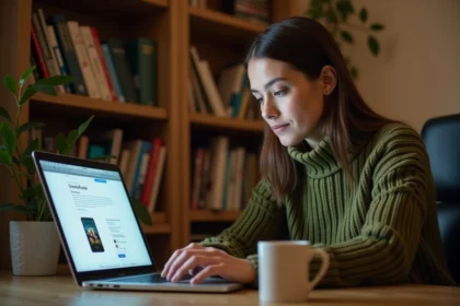 Femme utilisant un code de rachat Chapters sur son ordinateur portable dans un bureau à domicile
