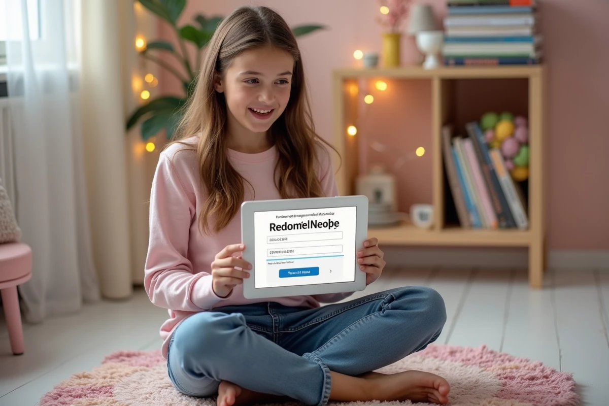 Adolescente saisissant un code de rachat Chapters sur une tablette dans sa chambre