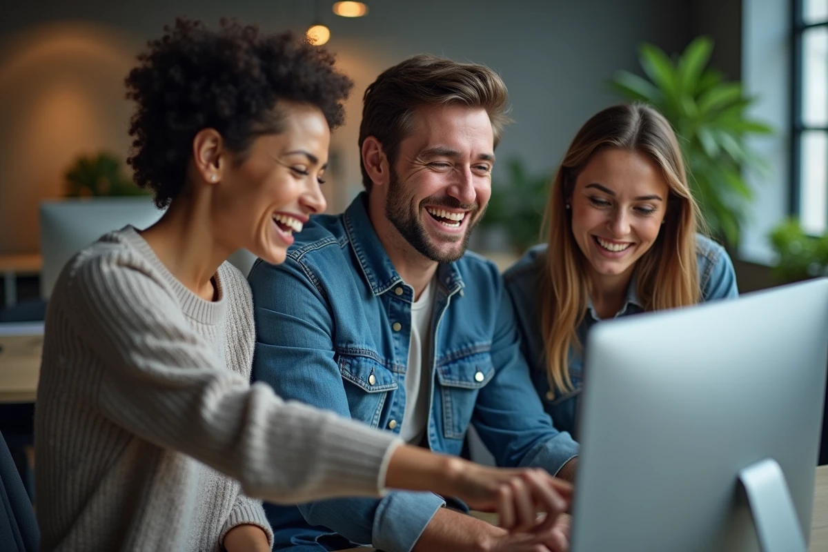 Collègues riant ensemble devant un écran d'ordinateur affichant une cybercarte animée drôle au bureau