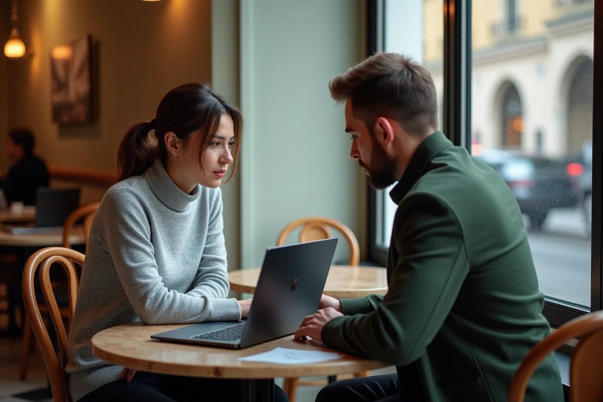 Deux professionnels du droit échangeant sur l'actualité juridique en droit public autour d'un café à Paris