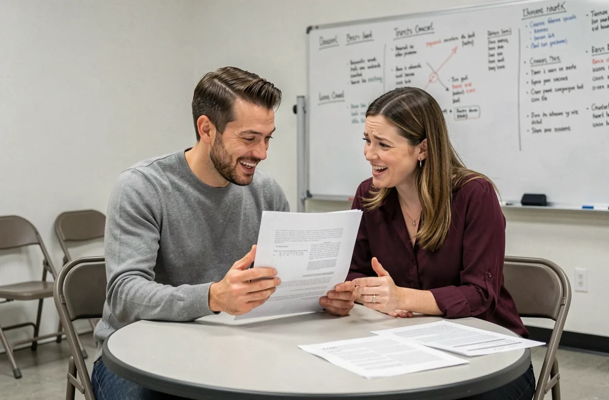 Deux comédiens en répétition analysant ensemble un script humoristique autour d'une table dans une salle de travail