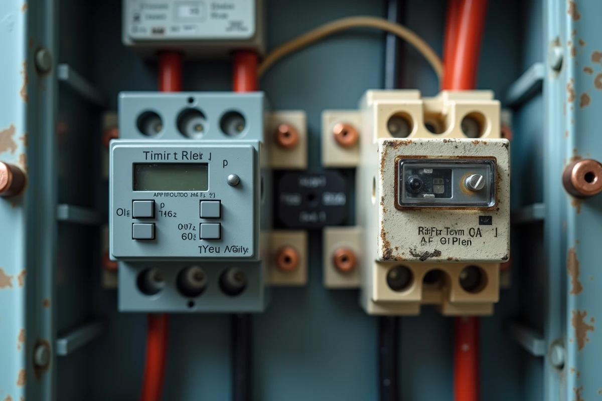 Comparaison côte à côte d'un relais temporisé numérique et d'un relais électromécanique sur un rail DIN dans une armoire électrique