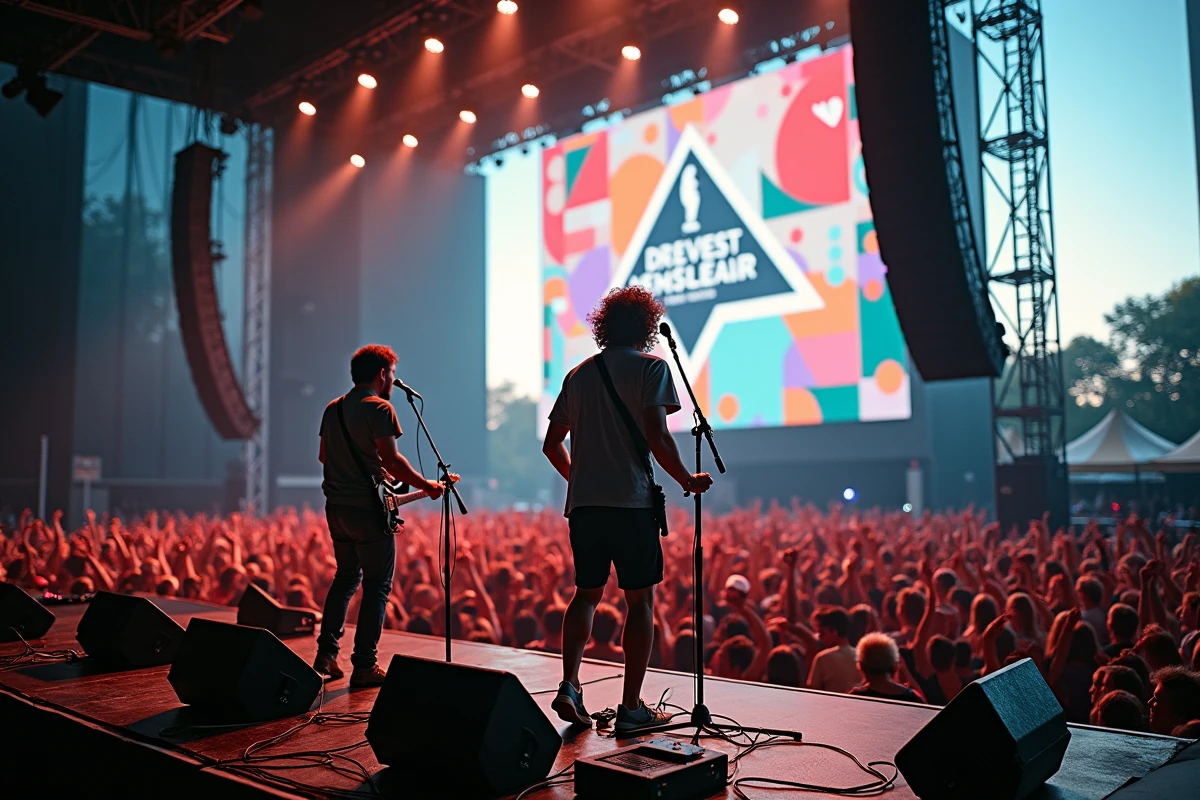 Groupe en concert sur la scène secondaire du festival des Vieilles Charrues vue depuis le photo pit