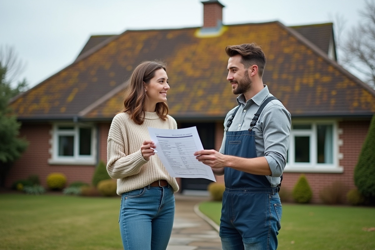 Femme discutant avec un couvreur devant une maison