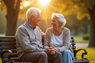 Couple âgé main dans la main sur un banc ensoleillé