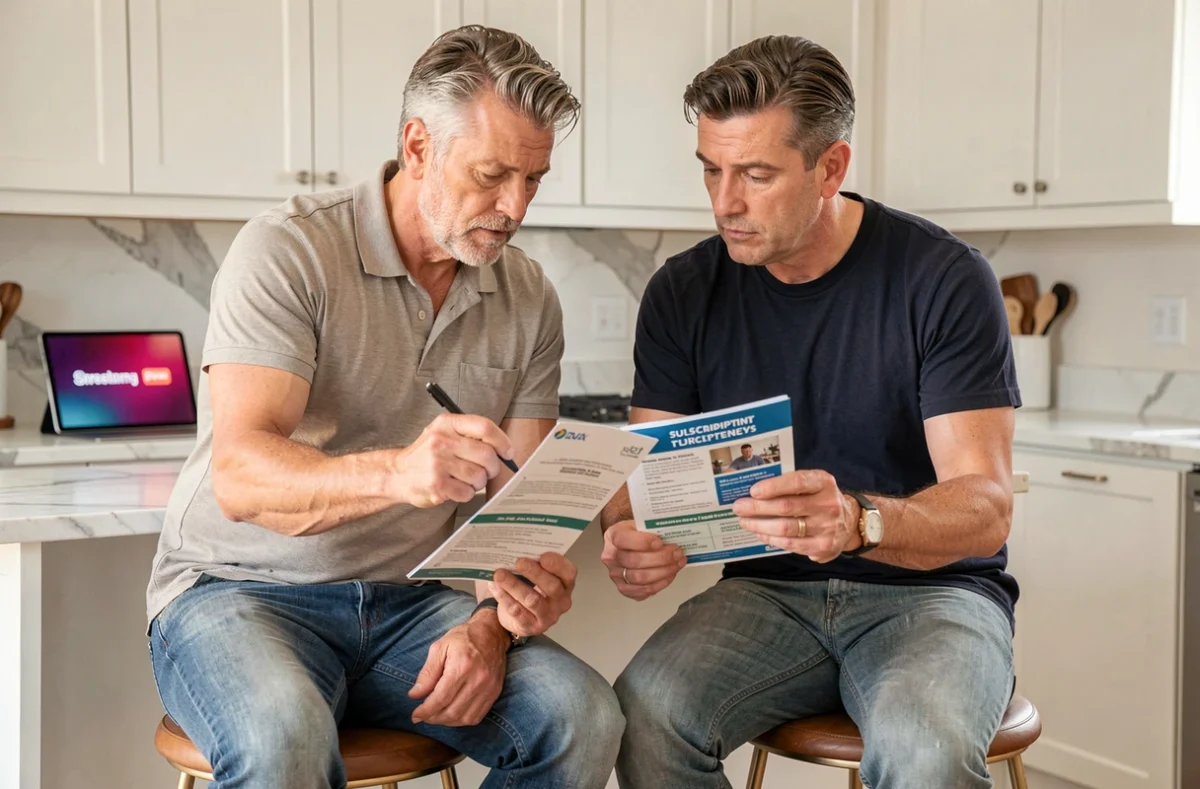 Couple comparant des brochures de bouquets payants Freebox pour optimiser leurs dépenses télévisées