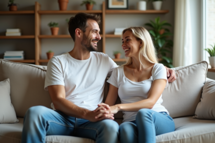 Couple assis sur un canapé dans un salon moderne