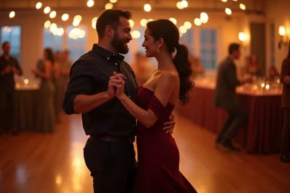 Couple dansant le zouk lors d'une soirée sociale, en tenue élégante sur un parquet brillant