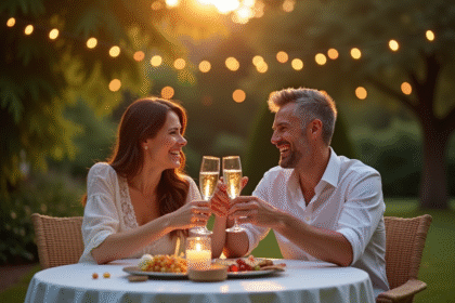Couple marié riant et trinquant avec champagne en plein air